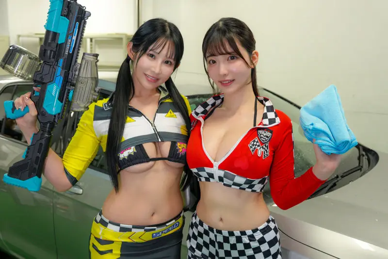 【二羽紗愛・彩月七緒】エッチな洗車屋さんで働く巨乳美女のWフェラがエロい